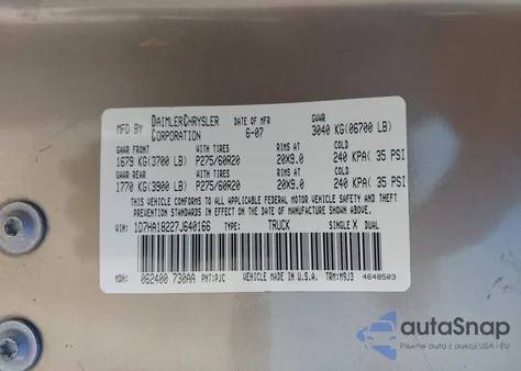 2007 Dodge Ram 1500 Slt z USA, uszkodzony, nr VIN 1D7HA18227J640166